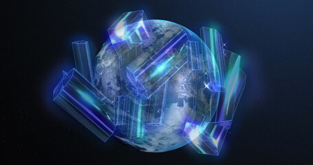 Wall Mural - floating planet earth rotating in dark outer space, with glowing holographic prisms
