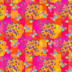 Wall Mural - large fluttering butterflies and beautiful flowering trees on a bright red-orange checkered backgrou