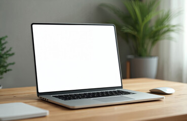 Wall Mural - modern workspace with wooden desk, laptop blank screen, mouse. home office, workplace for freelancer
