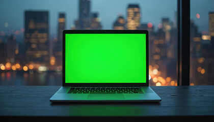 Wall Mural - laptop with green screen on wooden desk with city skyline blurred background at twilight. technology
