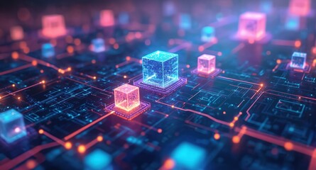 Aufkleber - Futuristic tech illustration with glowing data cubes, lines, digital network grid. Blue and pink colors, light effects, abstract cyberspace background. Tech, digital, business concept.