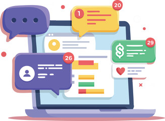 laptop with colorful social media notifications and chat bubbles vector illustration design