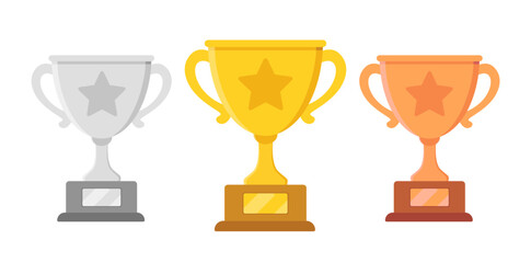Wall Mural - Trophy cup vector icon set. Gold silver and bronze award with star shape in flat style for competition. Winner symbol illustration