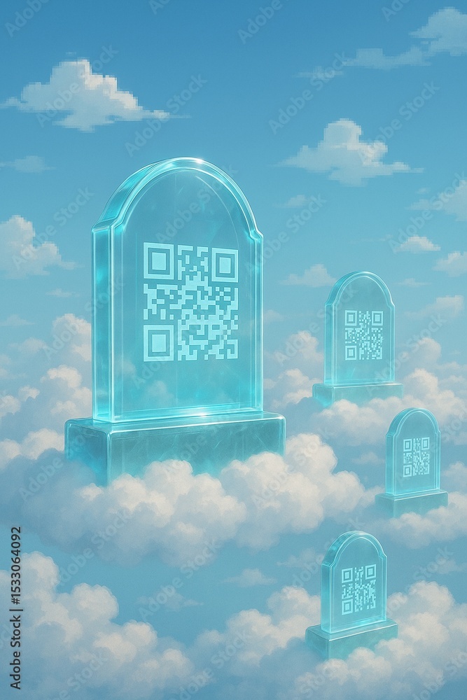 Digital Cemeteries: Floating QR-Code Tombstones Above Clouds Stock ...