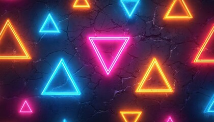 Aufkleber - Abstract neon geometric triangles seamless pattern digital art background. Bright colorful vibrant design with purple, blue, pink, yellow lights. Trendy modern style with dynamic energy effect for