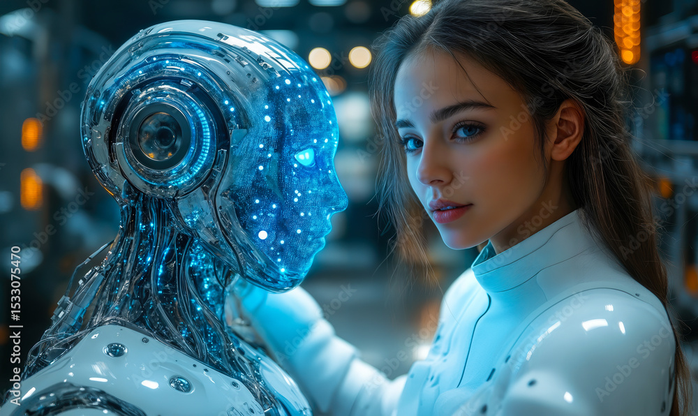Futuristic Human And Humanoid Robot Face To Face Interaction With Blue ...