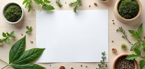 Aufkleber - Blank menu paper sheet, copy space top view with green plants on light wood background. Empty white page with leaves, plants. Template with copy space for design. Food, eco, nature theme.