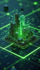Aufkleber - Futuristic city connected cloud network. Digital architecture of glowing green buildings on circuit board. Tech concept of modern cities, server connections, data transfer, smart systems.