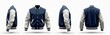 © miss irine - Varsity jacket mockup in navy blue and white. Front side back views. Baseball, college style apparel design. Apparel for students and young people. Fashion template.