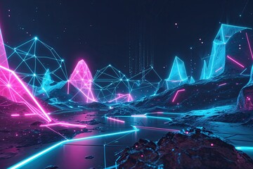 Wall Mural - Futuristic Neon Abstract Digital Landscape Featuring Geometric Connections and Particle Effects
