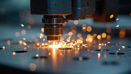 Poster - Laser cutting machine cuts steel plate with sparks. Tech process, automated metalworking in factory, precision engineering. High-tech industrial equipment, modern manufacturing. Metal laser engraver,