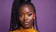 © miss irine - Confident black woman with stylish two tone braids and colorful makeup. Young female has a radiant smile on purple background. Eye makeup, fashion portrait studio look.