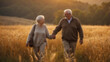 © Minar Aslanova - Blurred background of senior couple walking in wheat field at sunny day. Created using generative AI tools