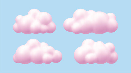 Wall Mural - set of four fluffy pink cloud shapes rendered in 3d vector style. abstract element collection for cu