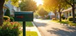 © miss irine - Sunny day scene of mailbox on suburban street. Green mailbox, red flag, green grass, trees. Residential neighborhood, mail delivery service. Summer, spring, postal, communication, postbox.