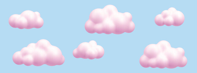 Wall Mural - vector set of pink fluffy cartoon clouds floating in blue sky. cute 3d render for nursery or ui desi