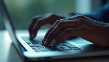 Black man typing on laptop keyboard. Hands touch keys. Working in office or home. Modern tech computer. Online business and digital work. Close-up view. Freelance job.