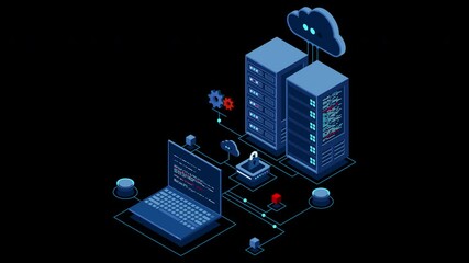 Wall Mural - cyber data security. internet security isometric concept. server room connected with laptop through 