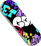 Skateboard deck is floating in digital render with graffiti, trucks, wheels on clear background