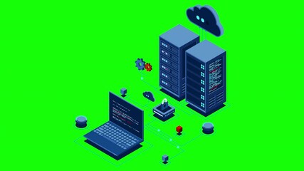Wall Mural - cyber data security. internet security isometric concept. server room connected with laptop through 