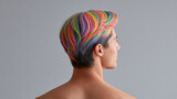 Back profile of man with colorful rainbow hair styled neatly, showing vibrant and artistic hair dye in smooth gradient effect