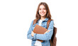 © Nazmun - Smiling female student with brown leather notebook and backpack, transparent background