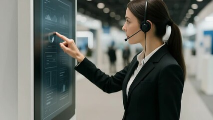 Corporate Woman Using Touchscreen Interface at Modern Tech Trade Show Booth
