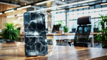 Wall Mural - smartphone showing programming code in modern office
