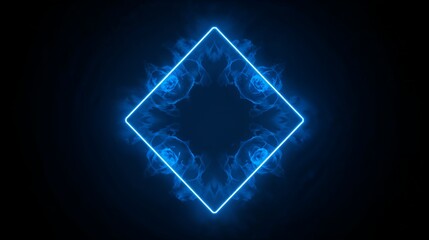 Canvas Print - glowing blue neon diamond frame enclosing abstract floral smoke design dark background image