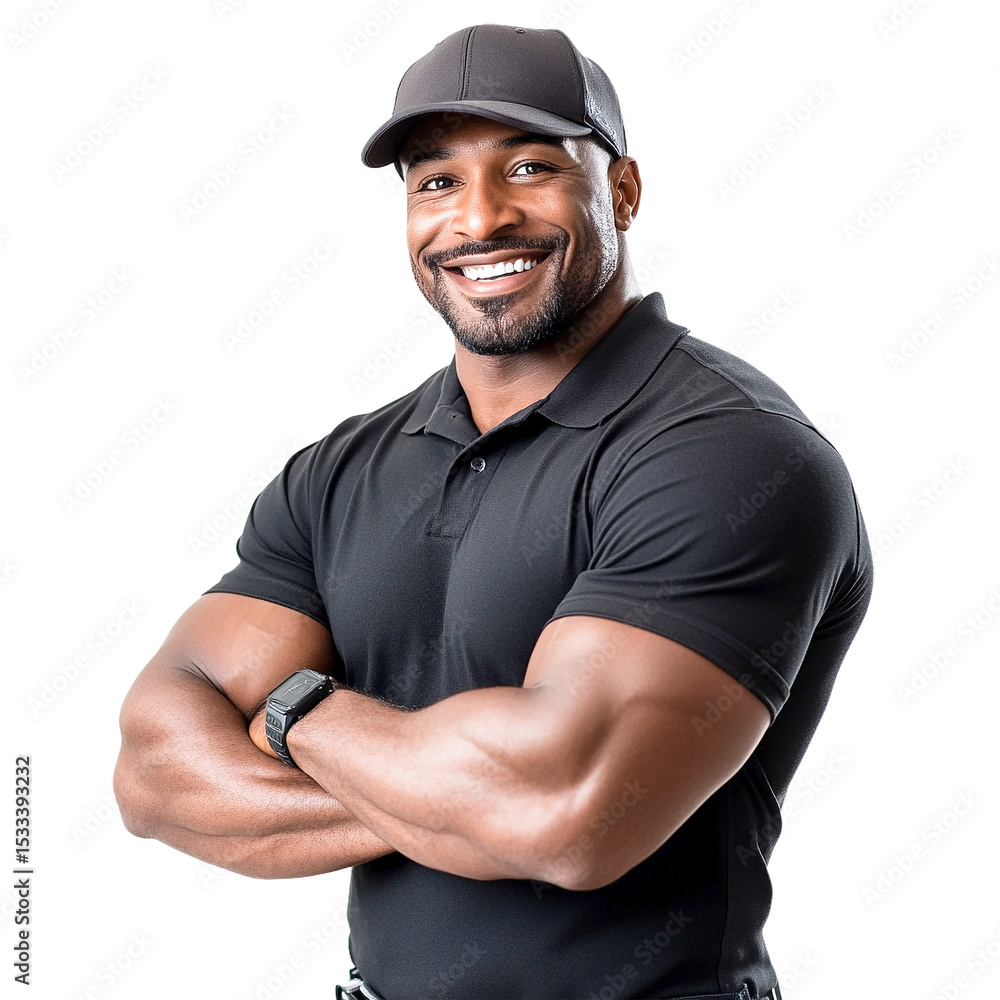 Smiling muscular Black man in black polo shirt and cap, arms crossed, transparent background