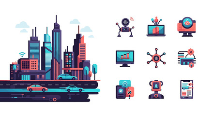 Set of Vector Icons Futuristic Cityscape with Smart Technology Icons. Vector Illustrations