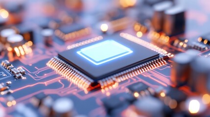 Close-up of a computer chip on a circuit board, showcasing intricate details and modern technology.
