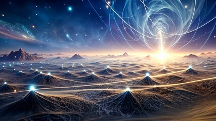 Wall Mural - Mystical sunrise over an alien landscape with glowing energy and distant peaks