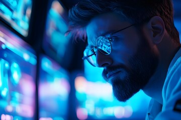 professional man with glasses intently focused on a computer screen in a darkened room with blue lig