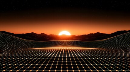 Wall Mural - A grid-like network stretches across a landscape at sunset, with a large sun setting behind dark, rolling hills under a starry night sky.