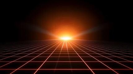 Wall Mural - an image depicting a gridded plane extending to a bright orange horizon, suggesting a futuristic or 