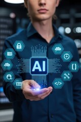 person holding a holographic representation of artificial intelligence.