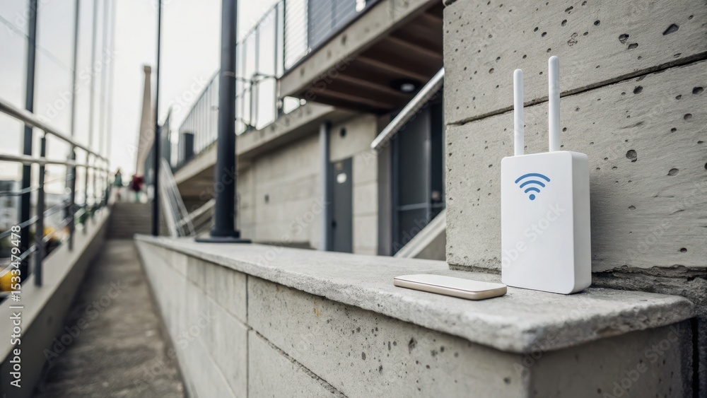 WiFi Extender concept. Wi-Fi router placed on a concrete ledge in an ...
