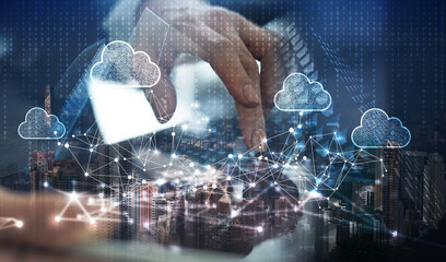 Cloud computing and smart city concept. Cloud technology with internet network connection, data storage and digital transformation, technology background