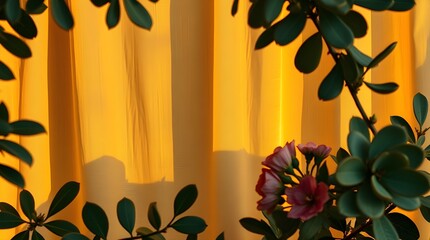 Wall Mural - Golden light filters through a background, accentuating the silhouettes of leaves and flowers in the foreground. The vibrant contrast creates a warm and inviting atmosphere.
