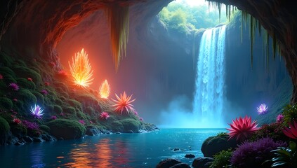 Wall Mural - A serene waterfall cascades into a glowing, magical cave adorned with luminescent plants and vibrant colors. The scene evokes a sense of wonder and tranquility, blending natural beauty with fantasy