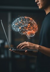 young professional working on laptop with glowing digital brain concept representation
