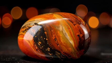 Wall Mural - abstract polished stone art with swirling orange, yellow and black patterns on dark background with 