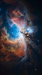 Wall Mural - Dramatic cosmic nebula with vibrant blue, orange, and brown interstellar dust and gas formations, showcasing a bright, star-filled background.