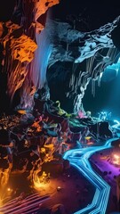 Wall Mural - glowing river flows through colorful subterranean cave, illuminated by vibrant blue light, creating 