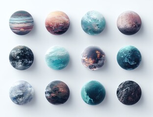 twelve diverse, stylized planets arranged in a grid against a plain white backdrop; each sphere disp