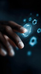 Wall Mural - a person s finger tapping on floating digital settings and analytics icons in a holographic interfac