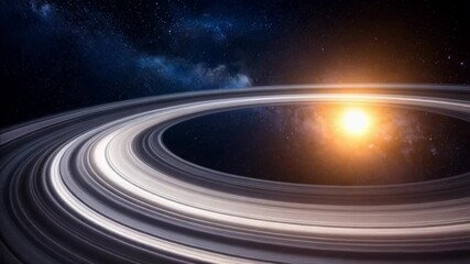 Wall Mural - Bright sun illuminates ringed planet against the backdrop of a dark and starry night sky with cosmic nebulas