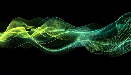 Wall Mural - abstract design with flowing, glowing green and yellow lines and dots.