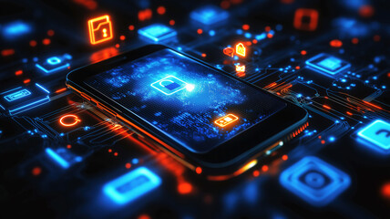 Smartphone Surrounded By Digital Icons Representing Security And Modern Technology Concepts